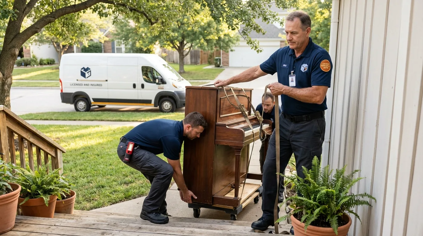 Licensed piano movers securing grand piano in Lincolnshire, IL