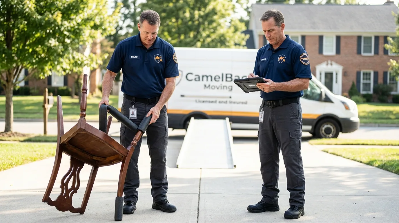 Movers inspecting furniture for damage prevention before loading in Lincolnshire, IL