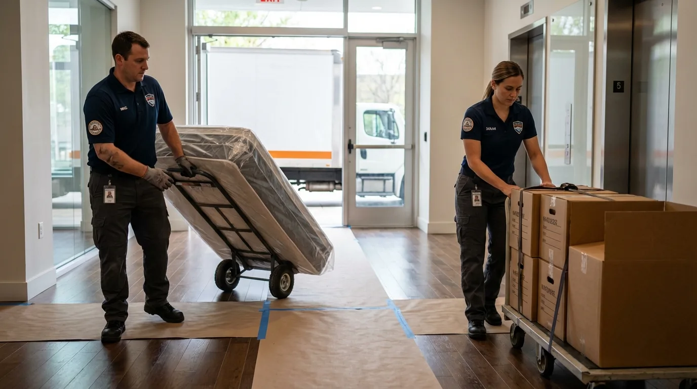 Professional apartment movers loading elevator in Lincolnshire, IL